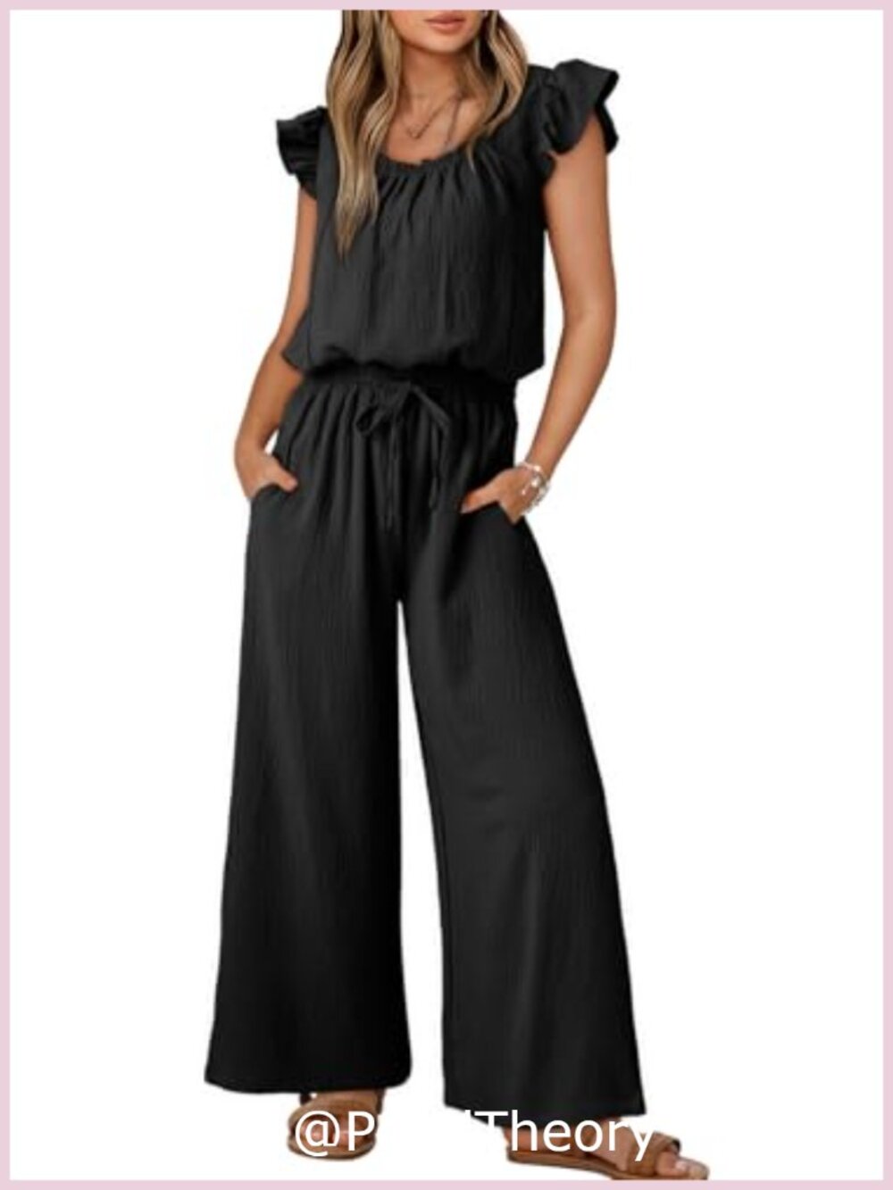 Women's Summer Ruffle Sleeve Square Neck Wide Leg Jumpsuit with Pockets